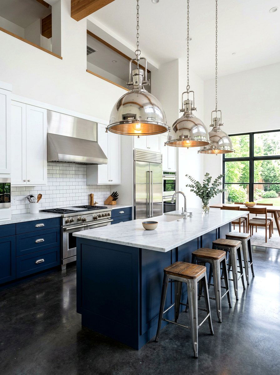 Navy Cabinetry with Chrome Industrial Pendant Lights - 30 navy and chrome kitchen ideas