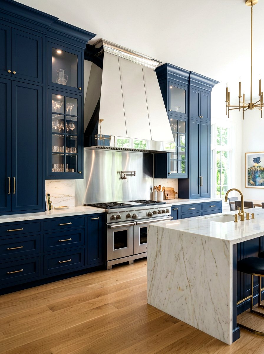 Navy Cabinetry with Chrome Statement Range Hood - 30 navy and chrome kitchen ideas