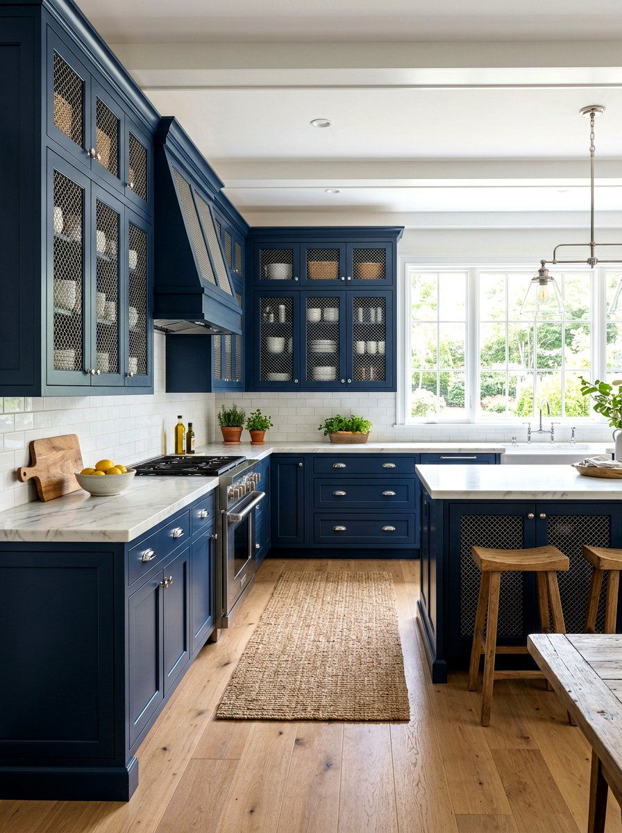 Navy Cabinetry with Chrome Wire Mesh Inserts - 30 navy and chrome kitchen ideas