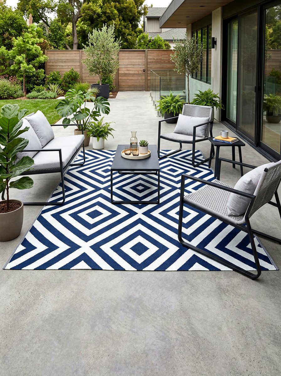 Navy Geometric Patio Rug - 30 navy patio decor ideas