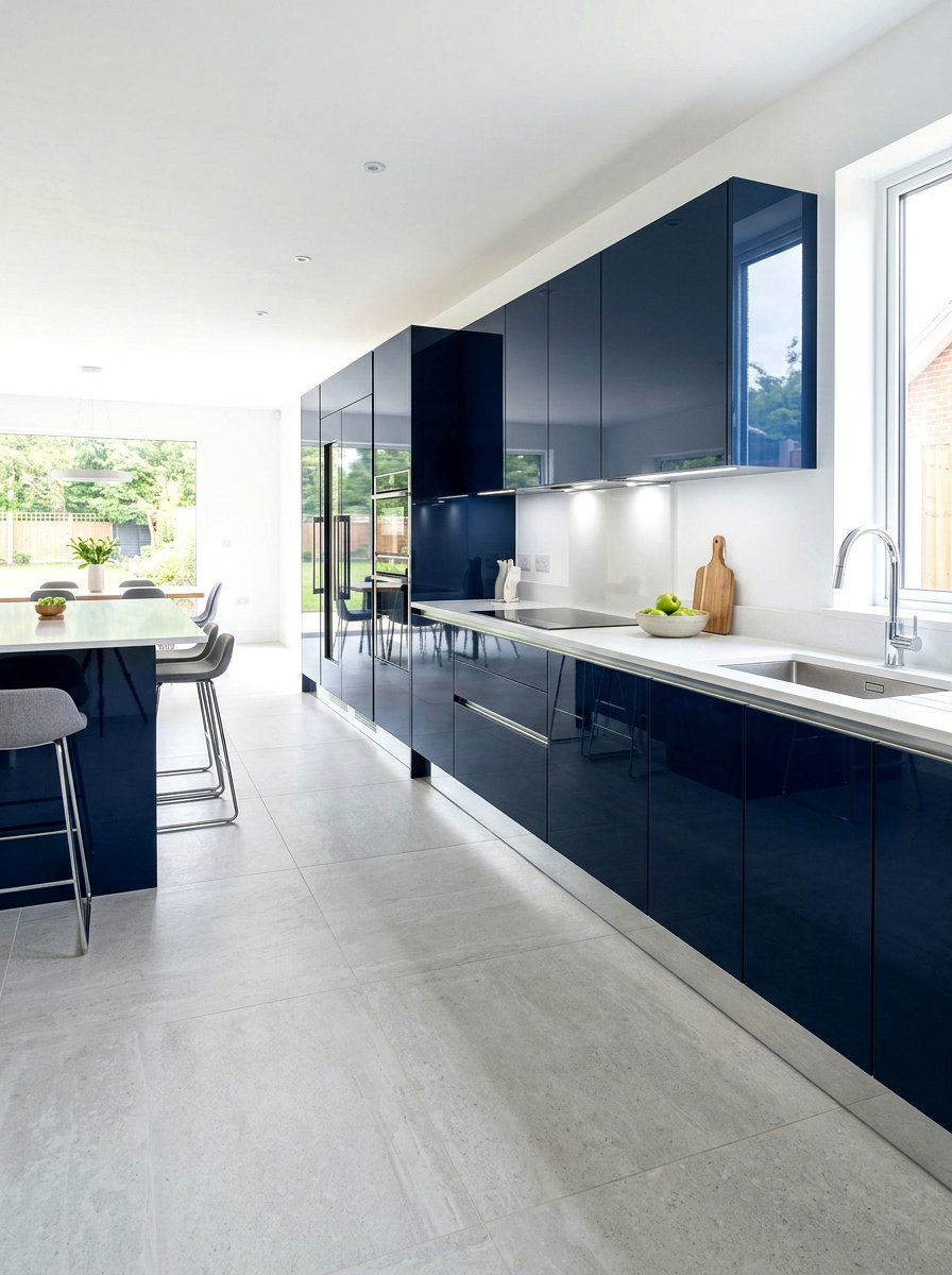 Navy Glossy Cabinets with Chrome Toe Kicks - 30 navy and chrome kitchen ideas