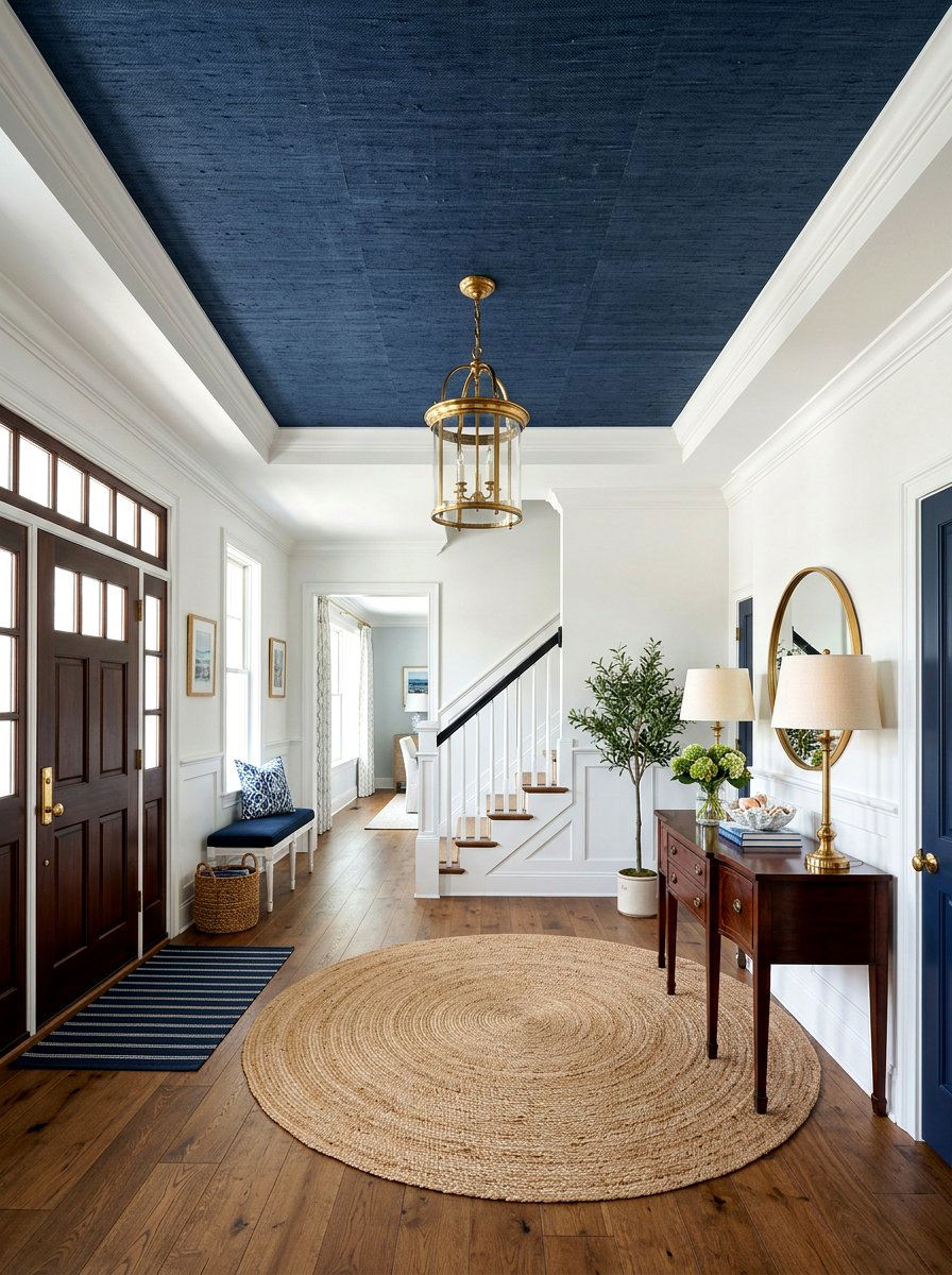 Navy Grasscloth Ceiling Foyer - 30 wallpapered foyer ceiling ideas