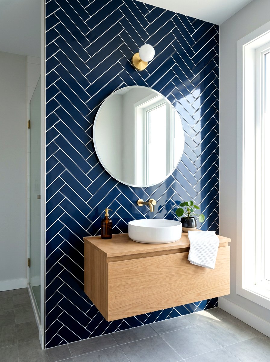 Navy Herringbone Tile - 30 navy bathroom ideas