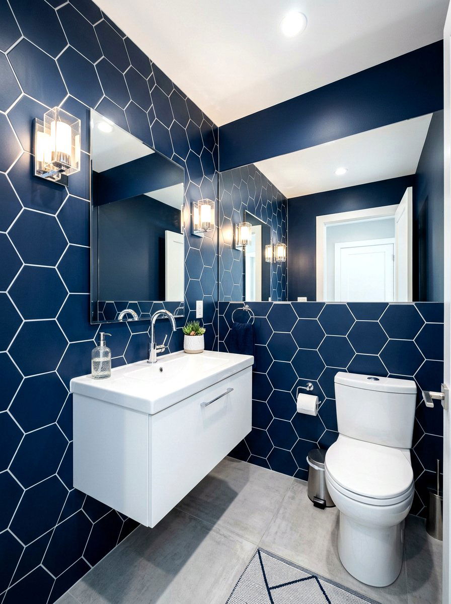 Navy Hexagon Tiles - 30 dark powder room ideas