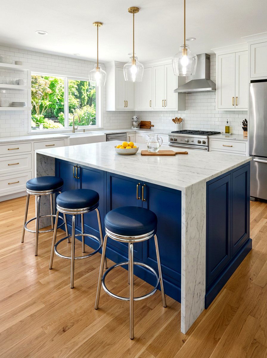 Navy Kitchen Island with Chrome Bar Stools - 30 navy and chrome kitchen ideas
