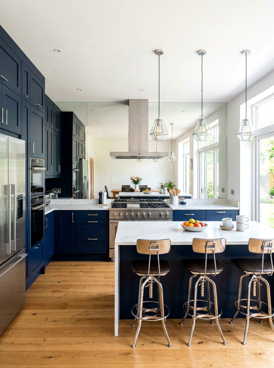Navy Kitchen with Chrome Backsplash Panels - 30 navy and chrome kitchen ideas