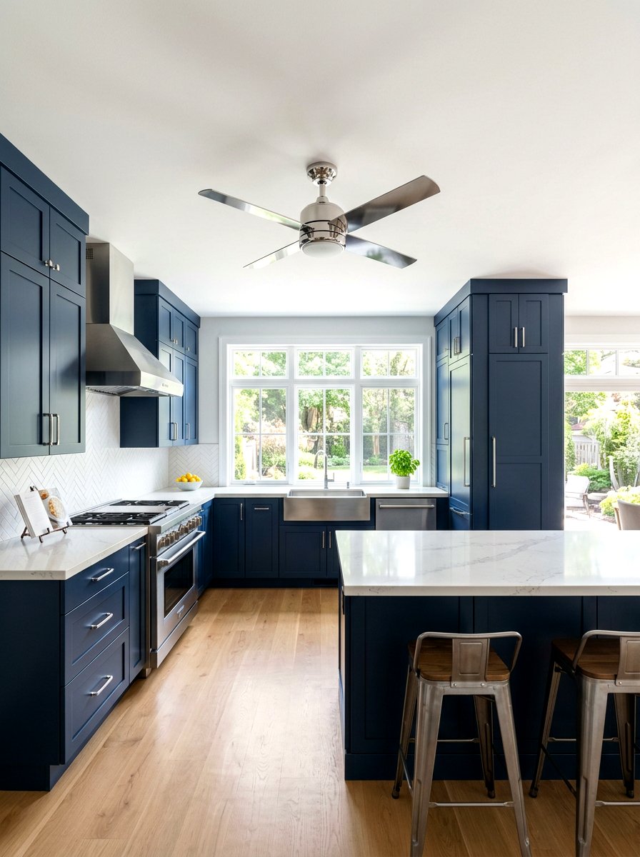 Navy Kitchen with Chrome Ceiling Fan - 30 navy and chrome kitchen ideas