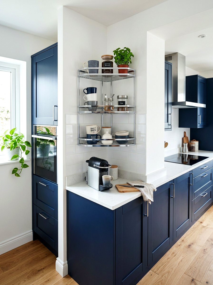 Navy Kitchen with Chrome Corner Shelving - 30 navy and chrome kitchen ideas