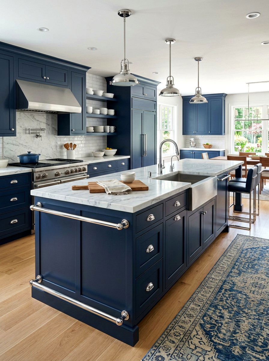 Navy Kitchen with Chrome Handrail Hardware - 30 navy and chrome kitchen ideas