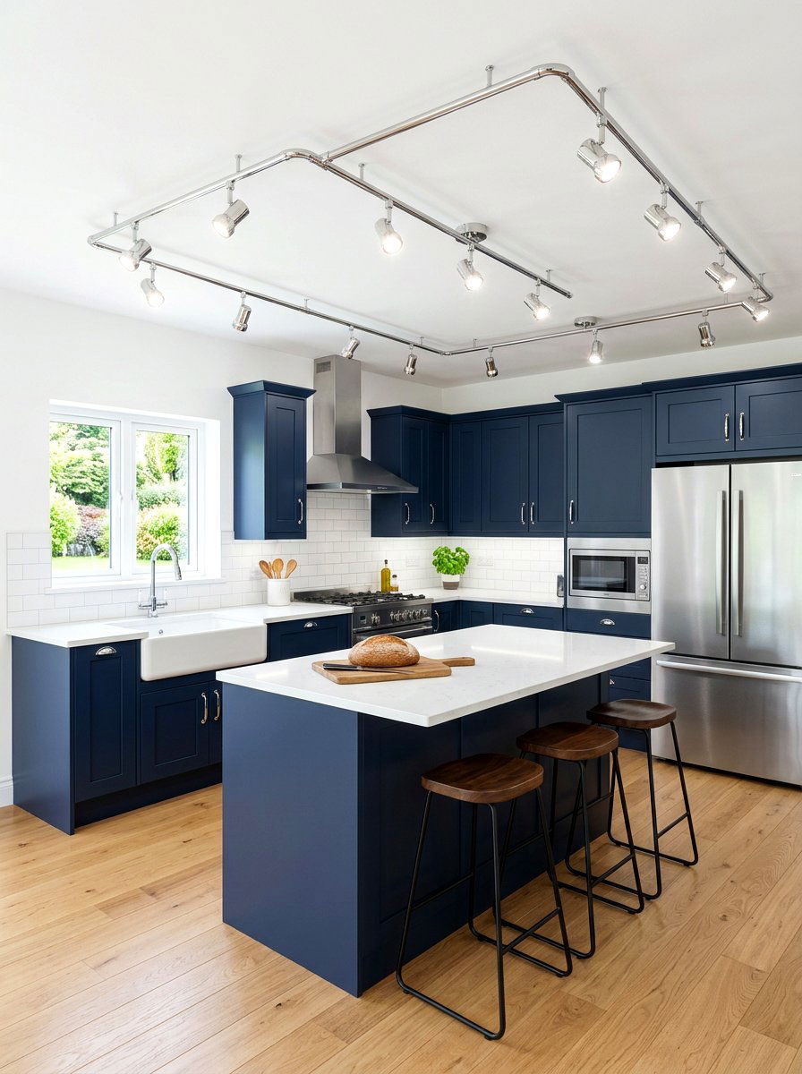 Navy Kitchen with Chrome Track Lighting - 30 navy and chrome kitchen ideas