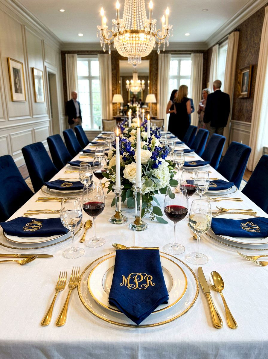 Navy Monogram Table - 30 collected tablescape ideas