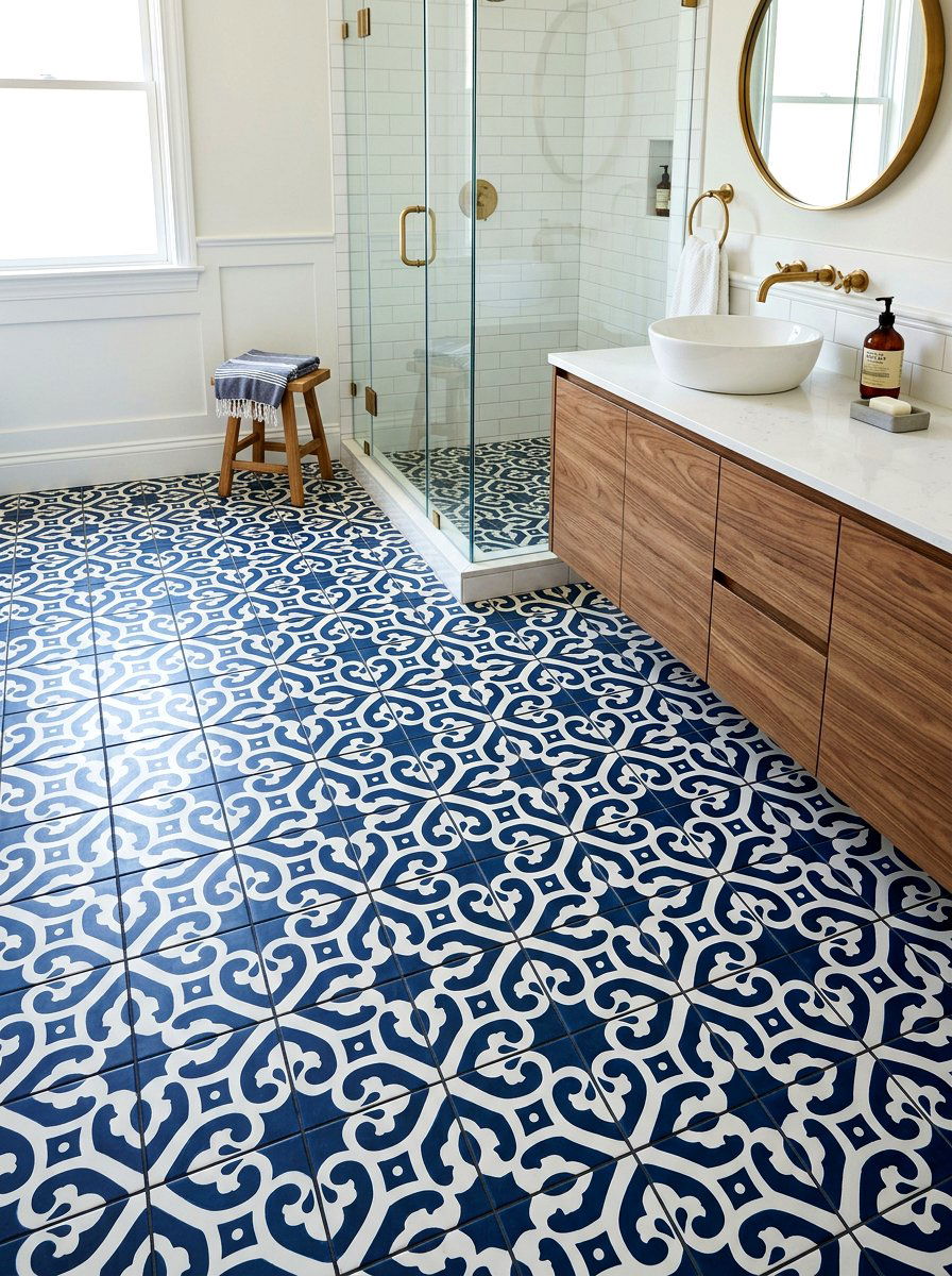 Navy Patterned Tile - 30 navy bathroom ideas