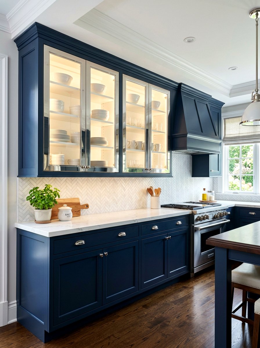 Navy Shaker Cabinets with Chrome Glass Front Inserts - 30 navy and chrome kitchen ideas