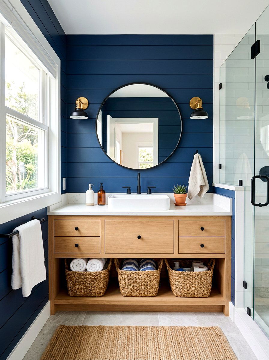 Navy Shiplap Walls - 30 navy bathroom ideas