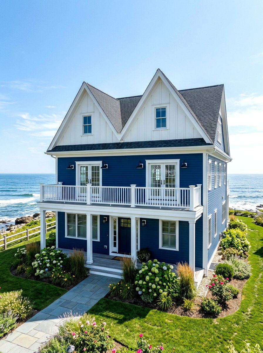 Navy Siding With White Board And Batten Gables - 30 mixed siding exterior ideas