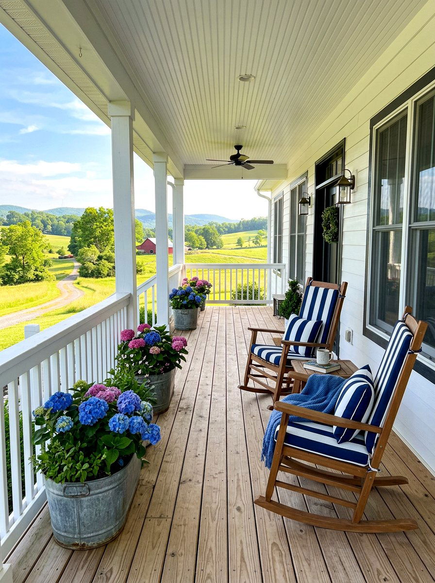 Navy Stripe Farmhouse Porch - 30 cabana stripe patio ideas