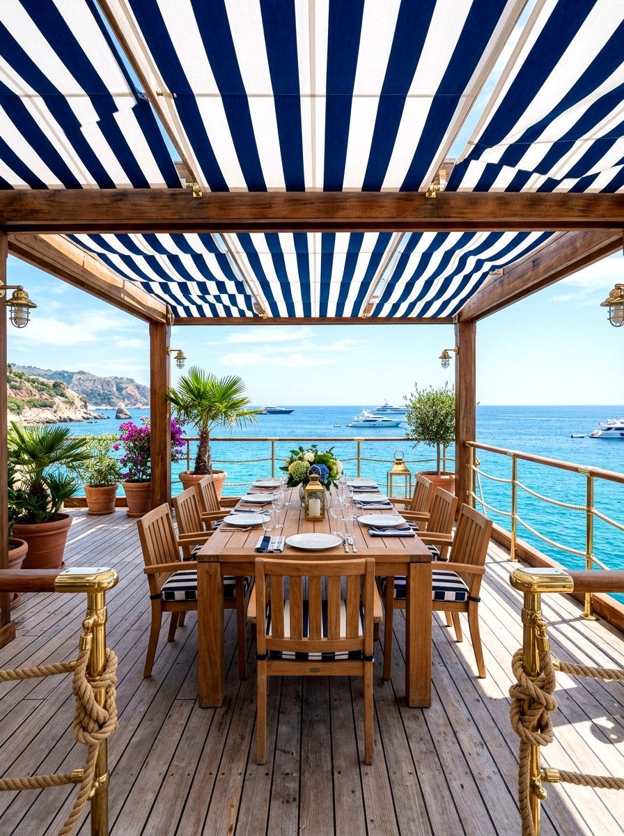 Navy Stripe Nautical Deck - 30 cabana stripe patio ideas