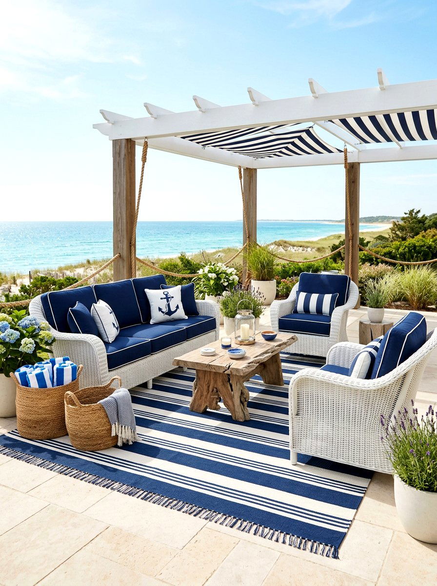 Navy Stripe Outdoor Rug - 30 cabana stripe patio ideas