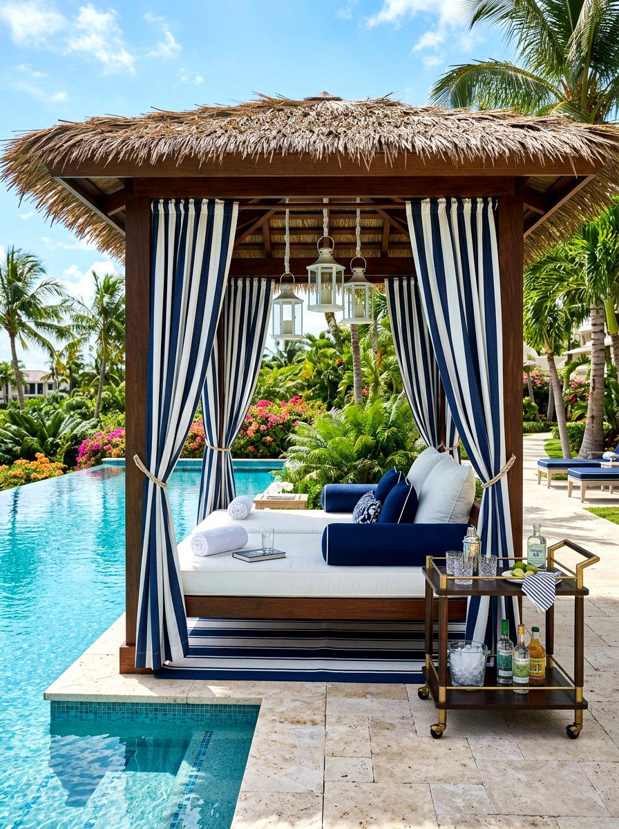Navy Stripe Poolside Cabana - 30 cabana stripe patio ideas
