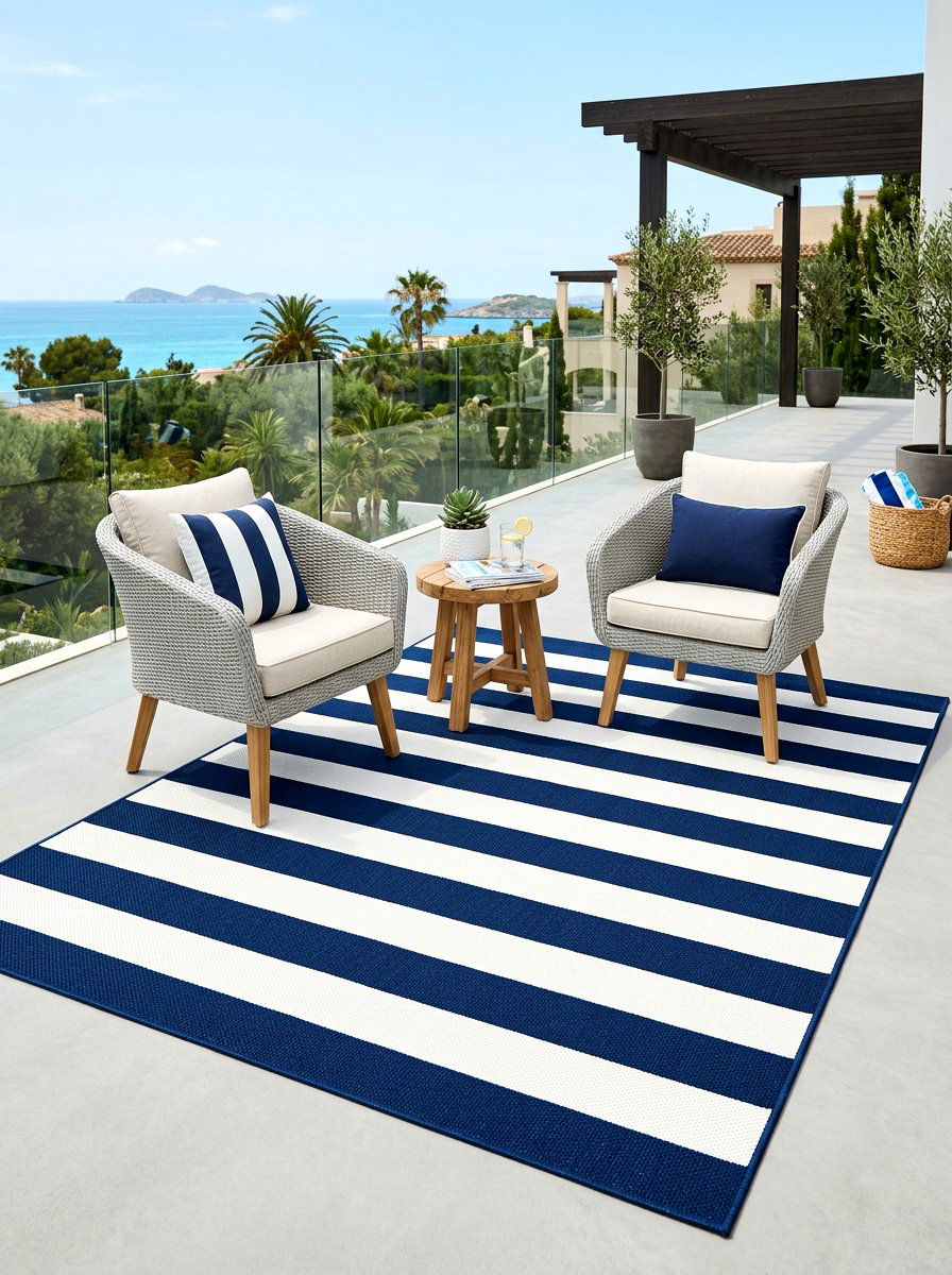 Navy Striped Outdoor Rug - 30 navy patio decor ideas