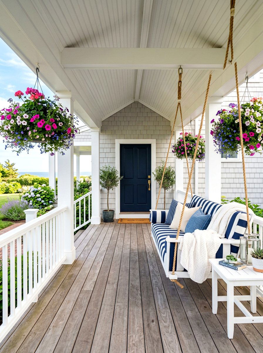 Navy Striped Porch Swing - 30 striped summer porch ideas