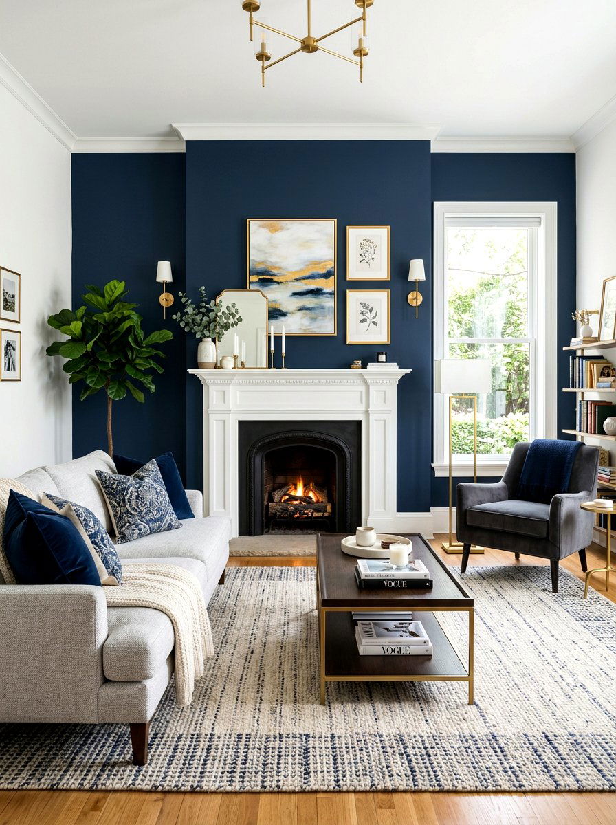 Navy accent wall - 30 blue and white living room decor ideas