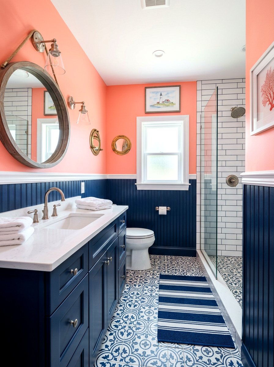 Navy and Coral Bathroom - 30 coral bathroom decor ideas