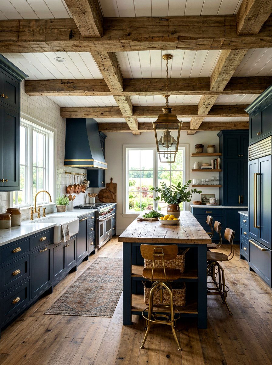 Navy and brass farmhouse kitchen - 30 navy and brass kitchen ideas