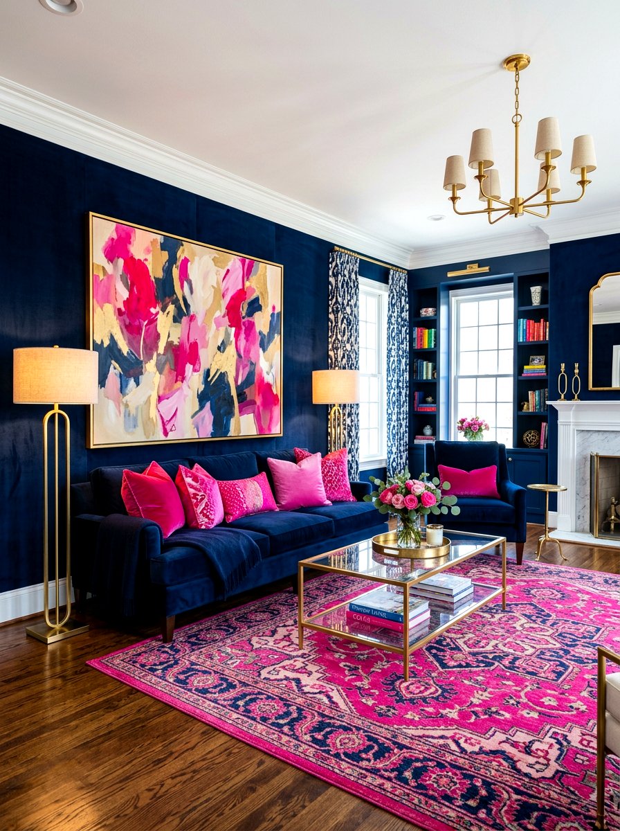 Navy and bright pink living room - 30 happy color living room ideas