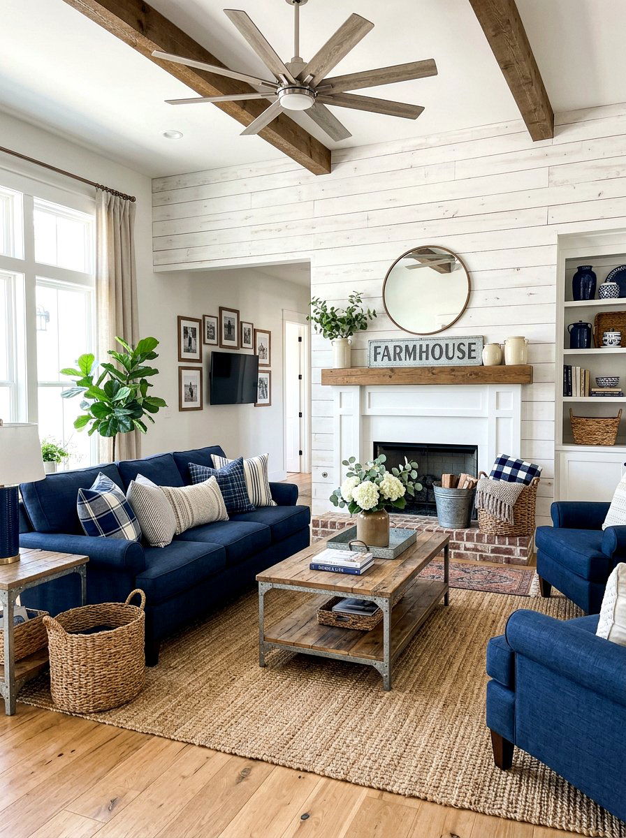 Navy and white farmhouse style - 30 blue and white living room decor ideas