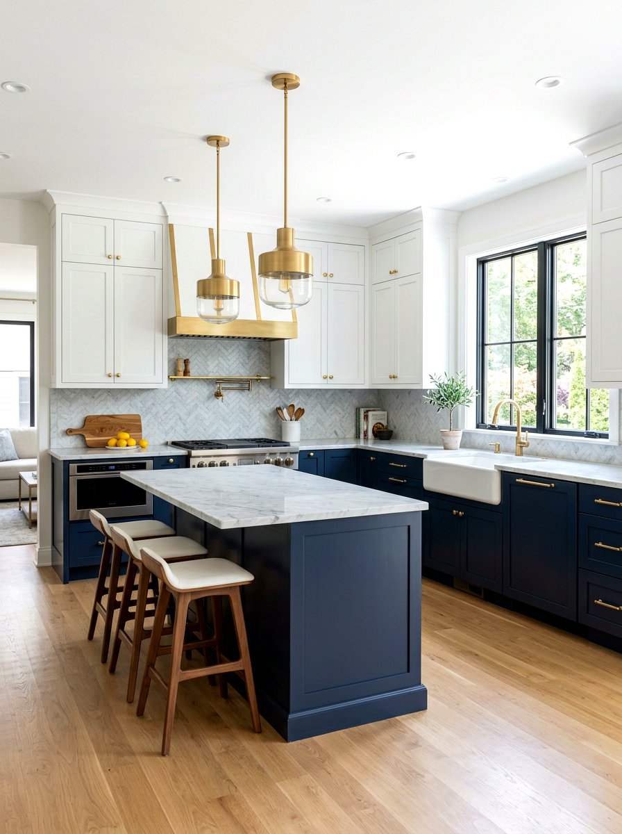 Navy and white kitchen with brass hardware - 30 navy and brass kitchen ideas