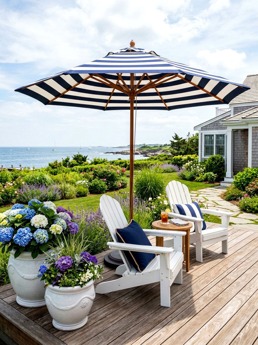 Navy and white striped umbrella - 30 striped umbrella patio decor ideas