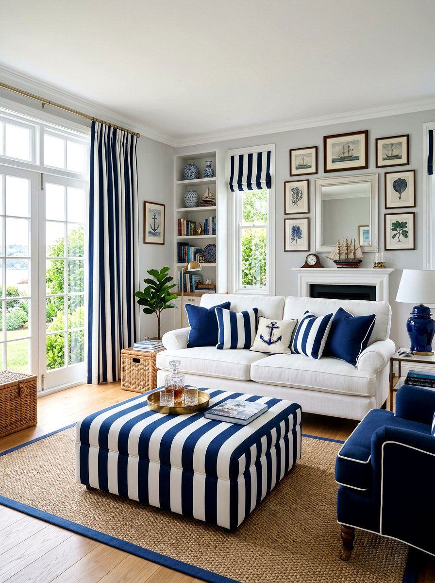 Navy and white stripes - 30 blue and white living room decor ideas