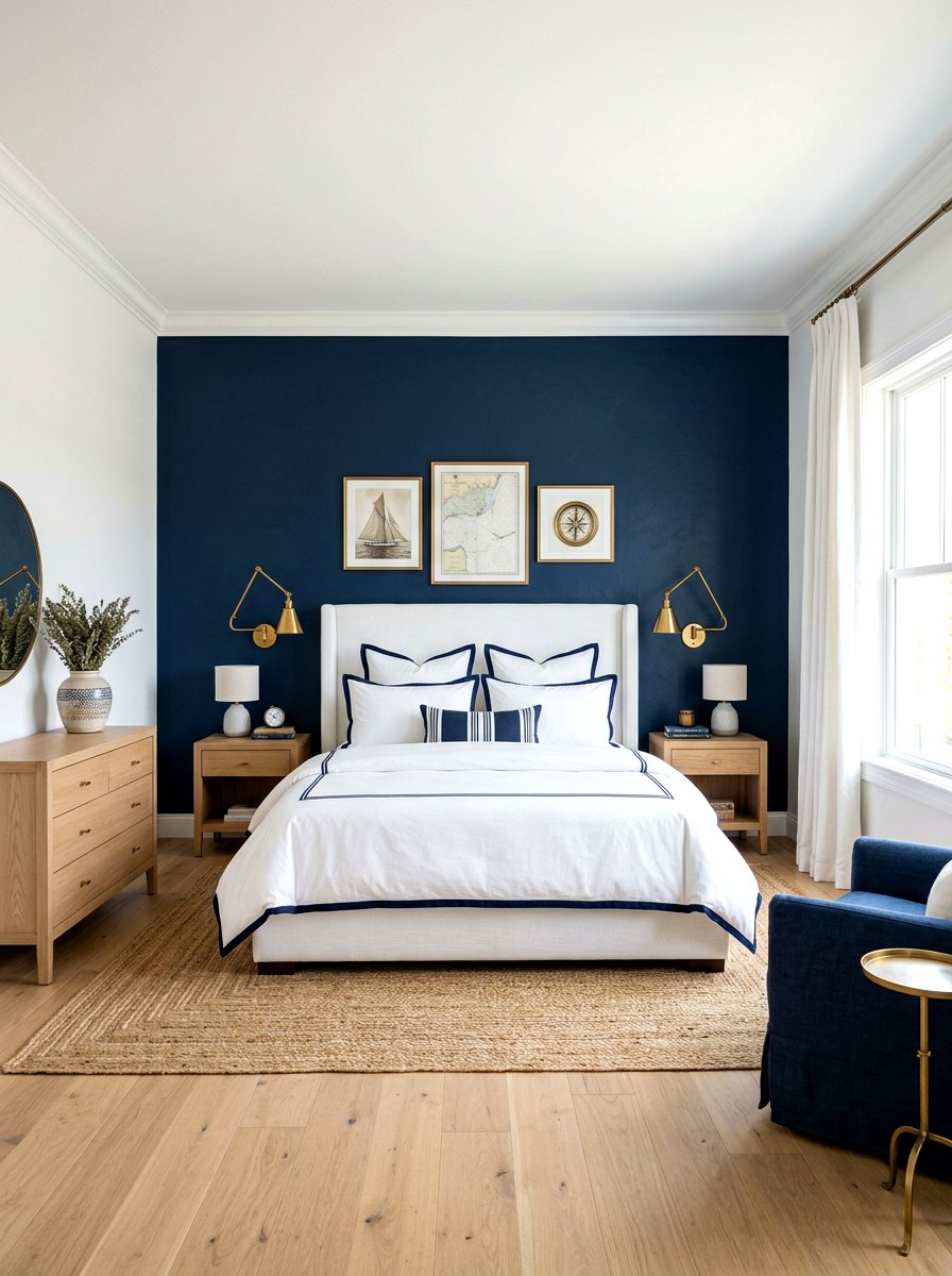 Navy blue accent wall bedroom - 30 beach cottage bedroom ideas