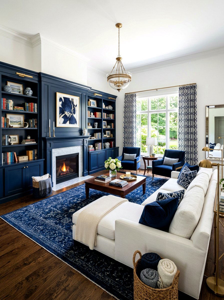 Navy blue accents living room - 30 coastal summer living room ideas