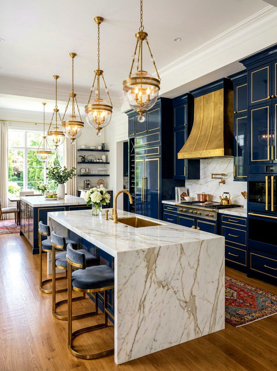 Navy blue and brass luxury kitchen - 30 navy and brass kitchen ideas