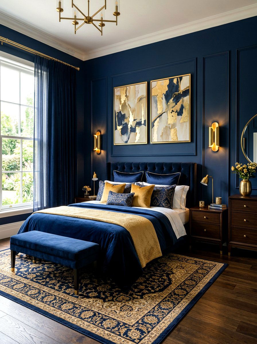 Navy blue and gold bedroom - 30 inky blue bedroom decor ideas