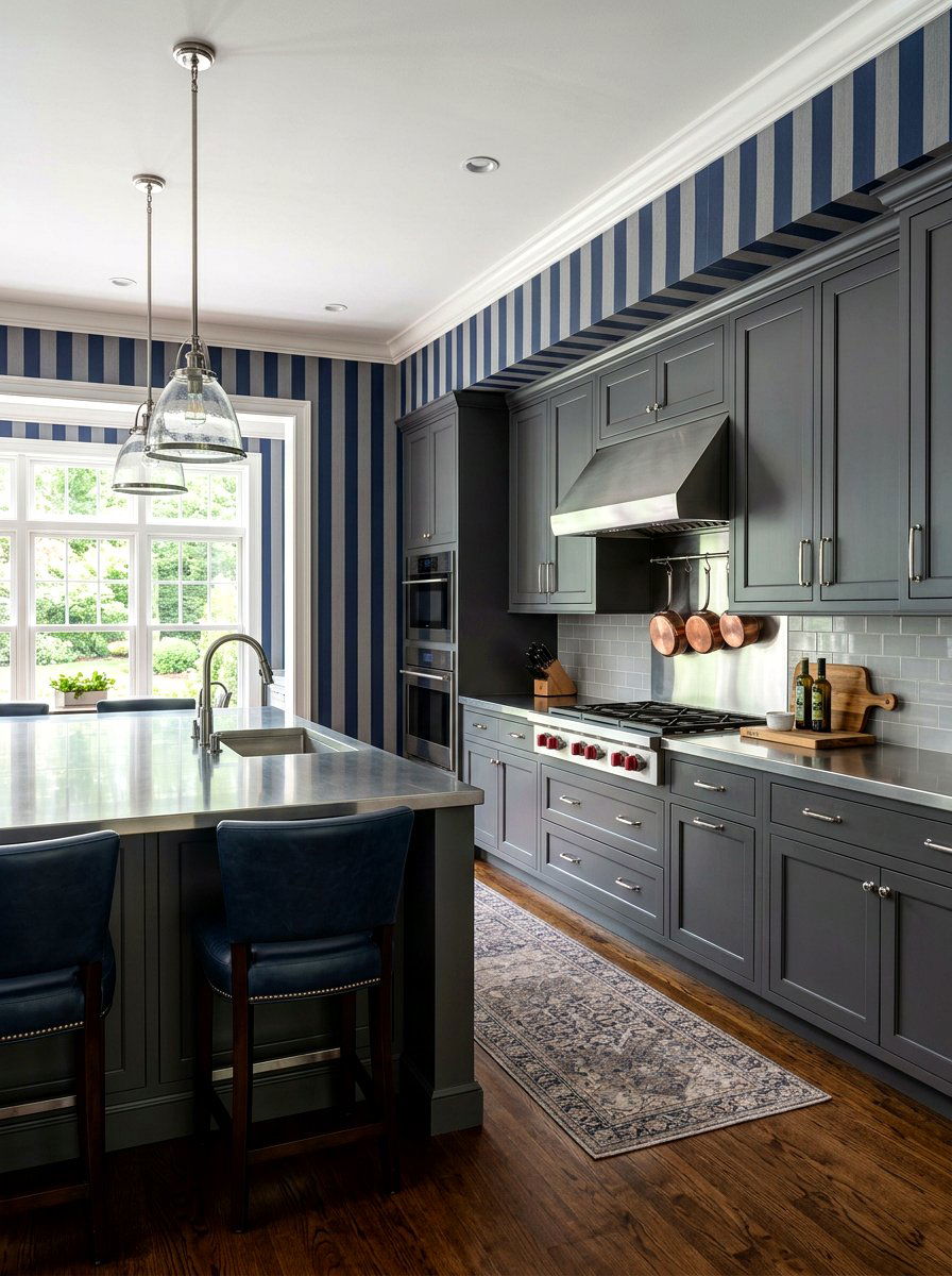 Navy blue and gray striped kitchen - 30 striped kitchen wallpaper ideas