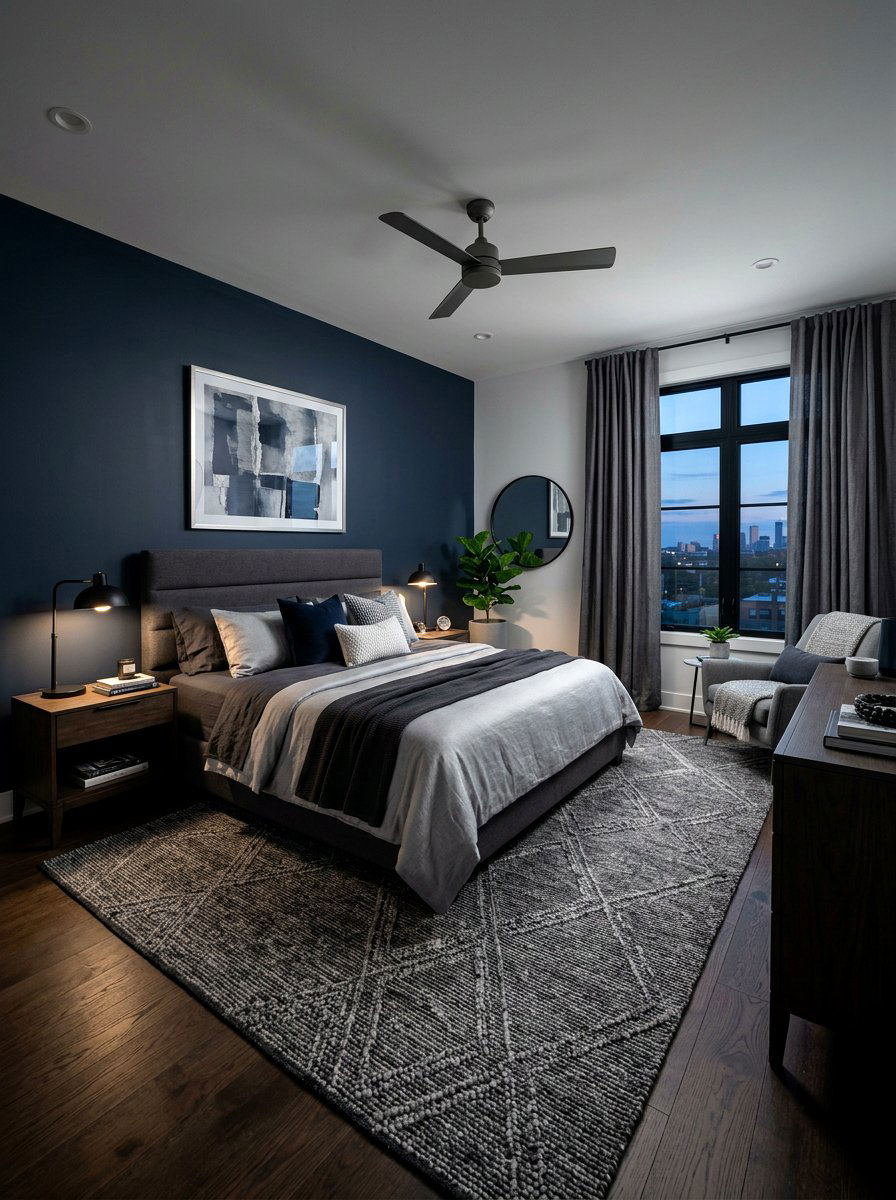 Navy blue and grey bedroom - 30 inky blue bedroom decor ideas