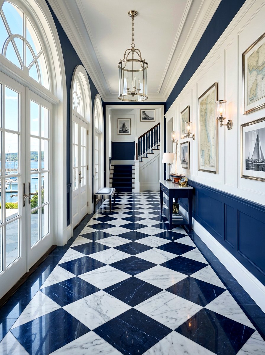 Navy blue and marble checkerboard - 30 checkerboard kitchen tile ideas