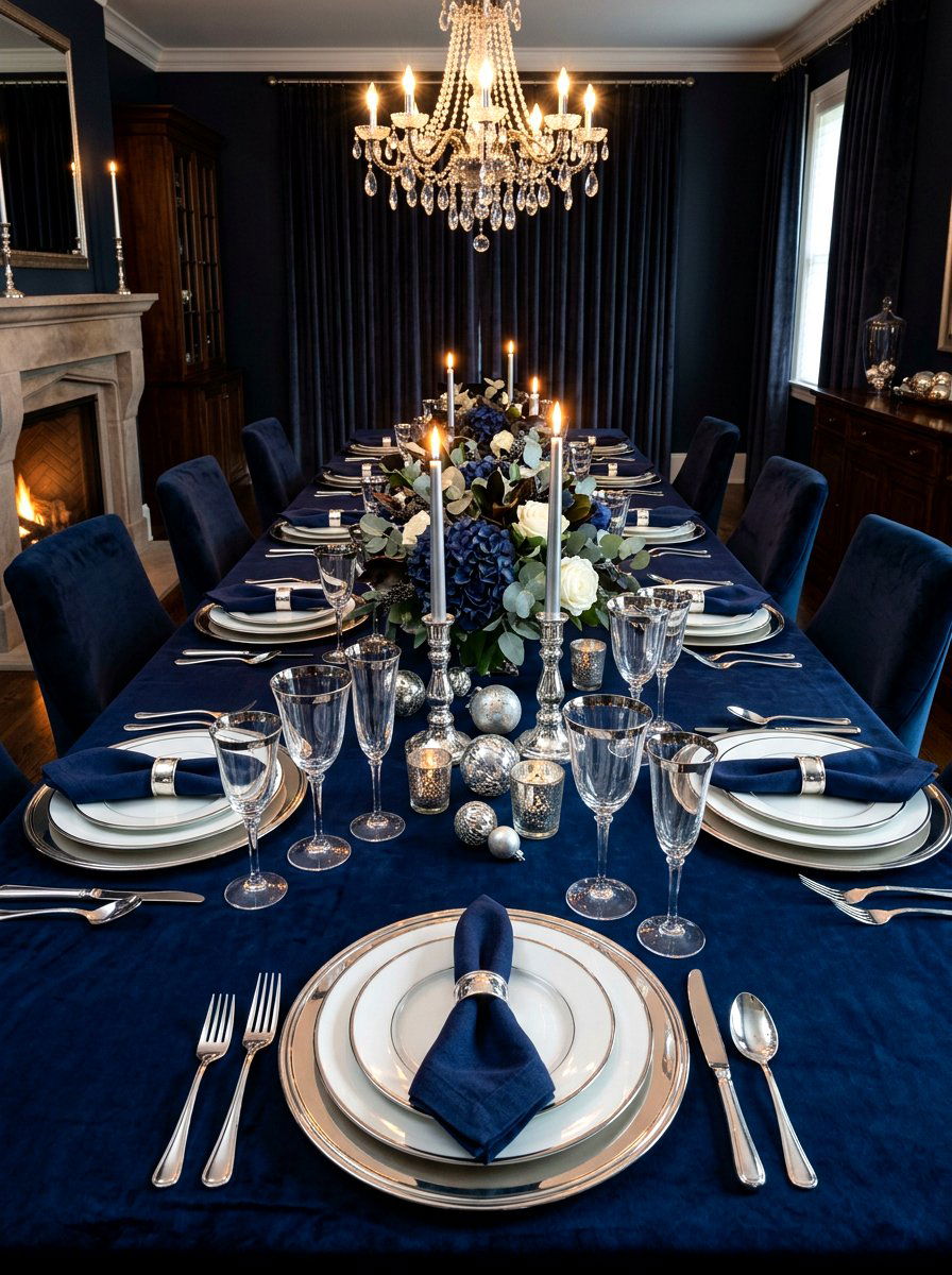 Navy blue and silver table - 30 New Year table decor ideas