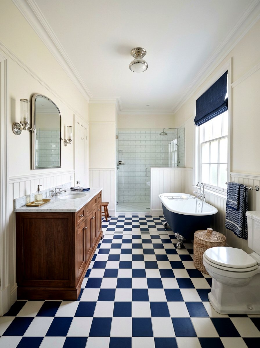 Navy blue and white bathroom floor - 30 checkerboard bath floor ideas