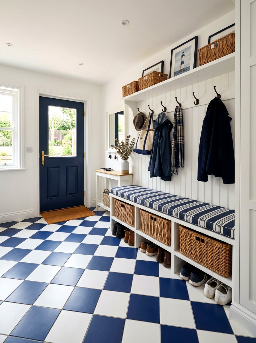 Navy blue and white checkered tile - 30 peel and stick checkerboard floor ideas