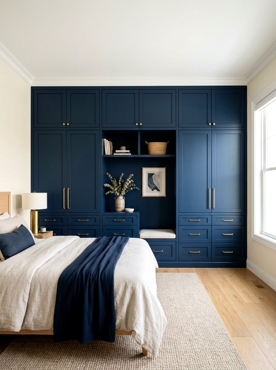 Navy blue built in cabinets - 30 inky blue bedroom decor ideas