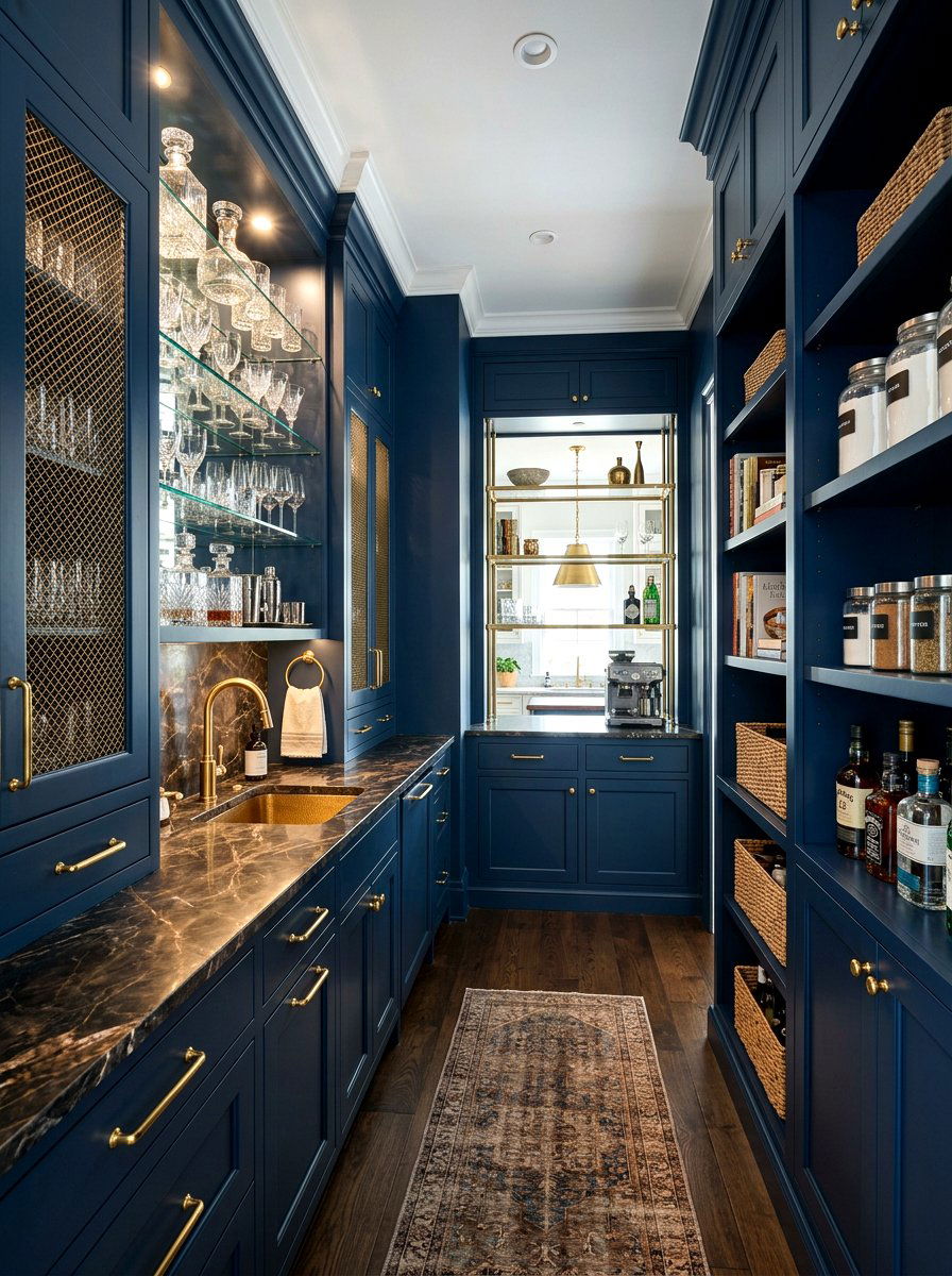 Navy blue butlers pantry with brass hardware - 30 navy and brass kitchen ideas