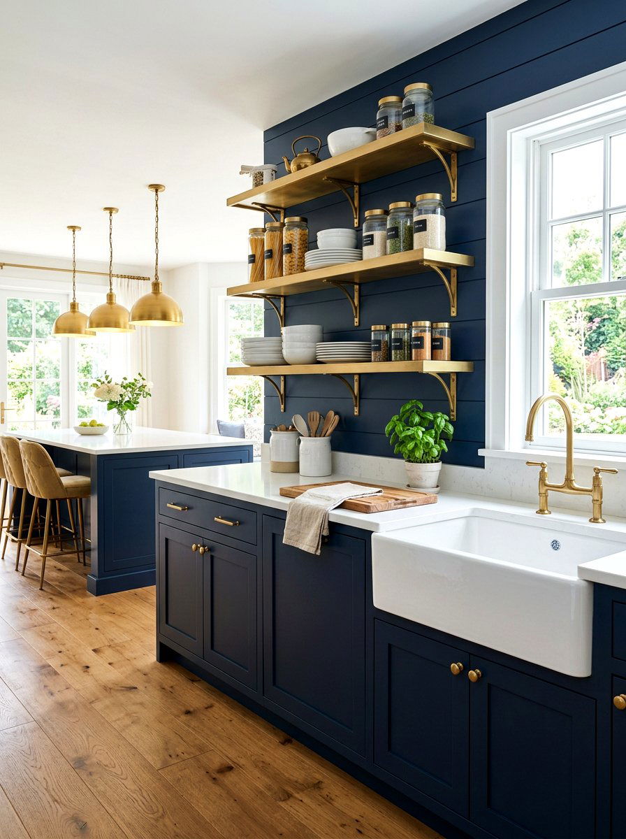 Navy blue cabinets with brass open shelving - 30 navy and brass kitchen ideas