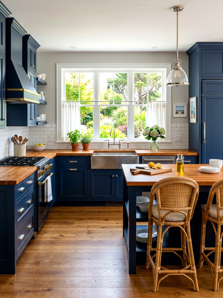 Navy blue cabinets with butcher block - 30 butcher block countertop ideas