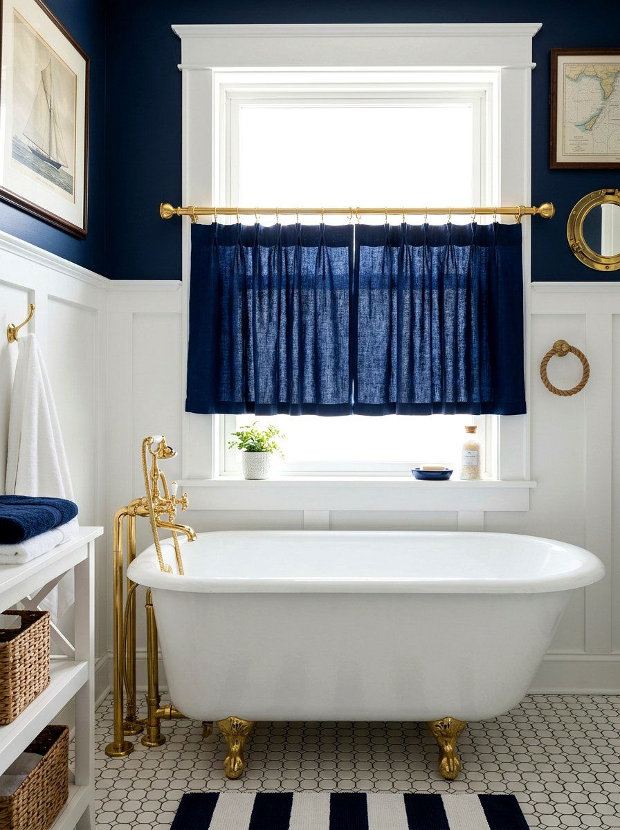 Navy blue cafe curtain bathroom - 30 cafe curtain bathroom ideas