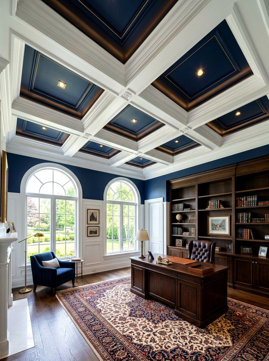 Navy blue coffered ceiling - 30 moody ceiling paint ideas