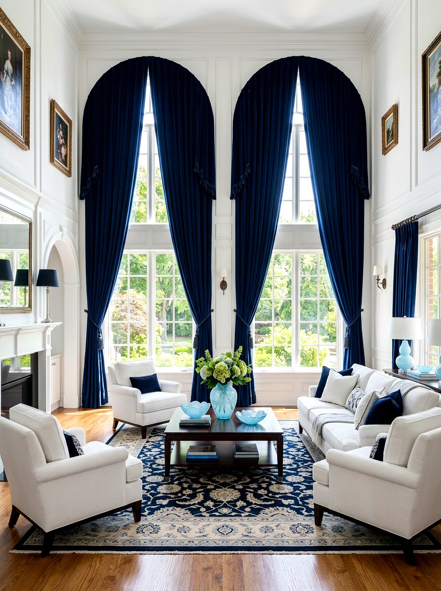 Navy blue curtains - 30 blue and white living room decor ideas